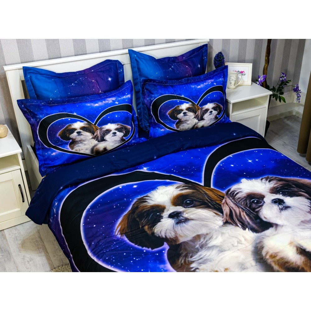 Lenjerie pat dublu,  FINET, 6 piese, IDENTICA CU POZA, Albastru, catelusi - view 5