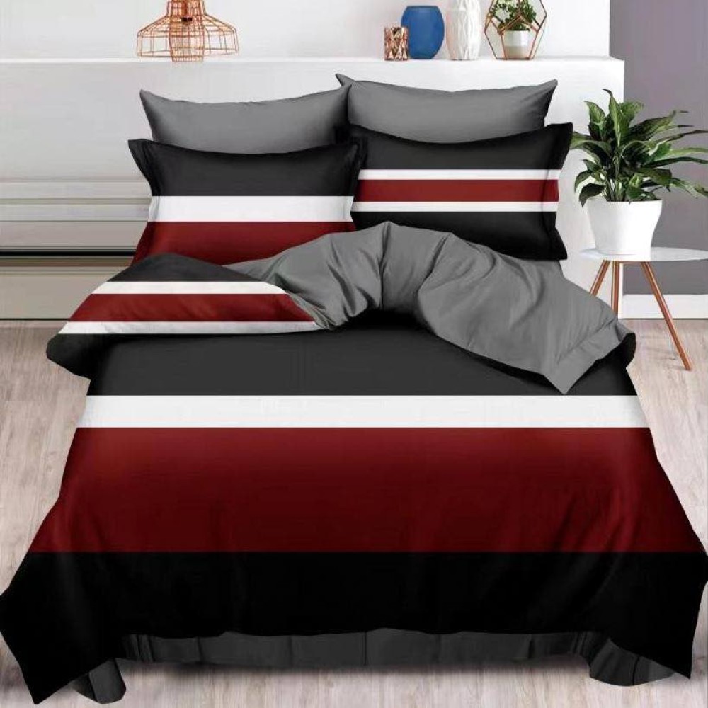 Lenjerie pat dublu cu ELASTIC, Finet, 6 piese, Rosu-Negru, dungi - view 2