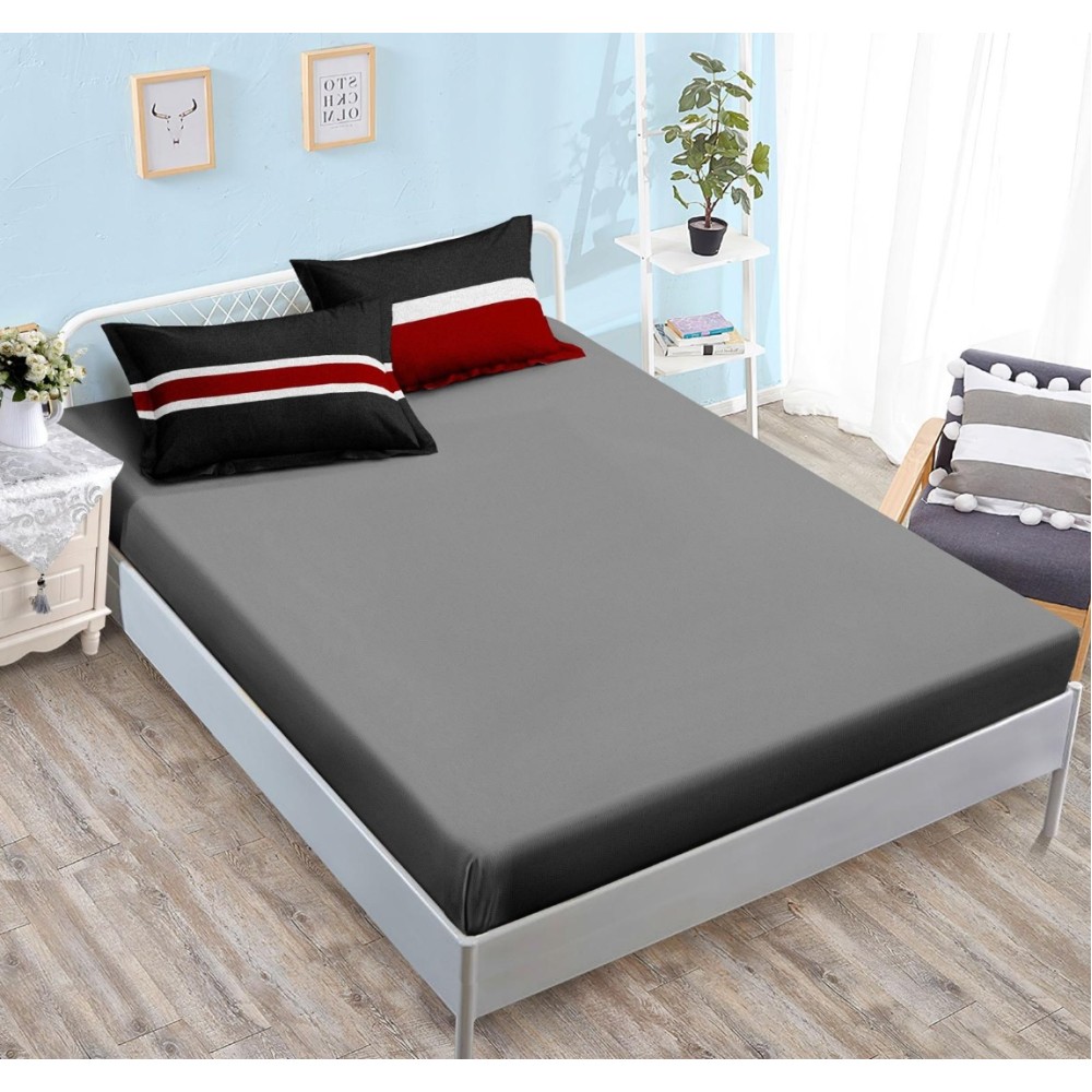 Lenjerie pat dublu cu ELASTIC, Finet, 6 piese, Rosu-Negru, dungi - view 3