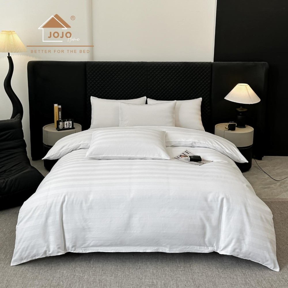 Lenjerie de Pat HoReCa DeLuxe, Damasc Premium din Bumbac Egiptean 100% , 6 Piese, Dunga Lata Tesuta, Cearceaf cu Elastic, Alb - view 4