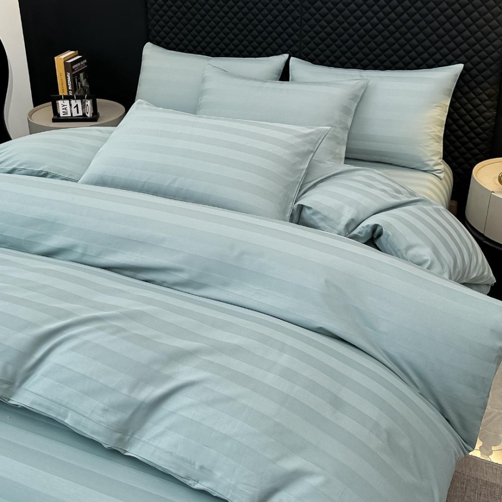 Lenjerie de Pat HoReCa DeLuxe, Damasc Premium din Bumbac Egiptean 100% , 6 Piese, Dunga Lata Tesuta, Cearceaf cu Elastic, Aqua - view 2