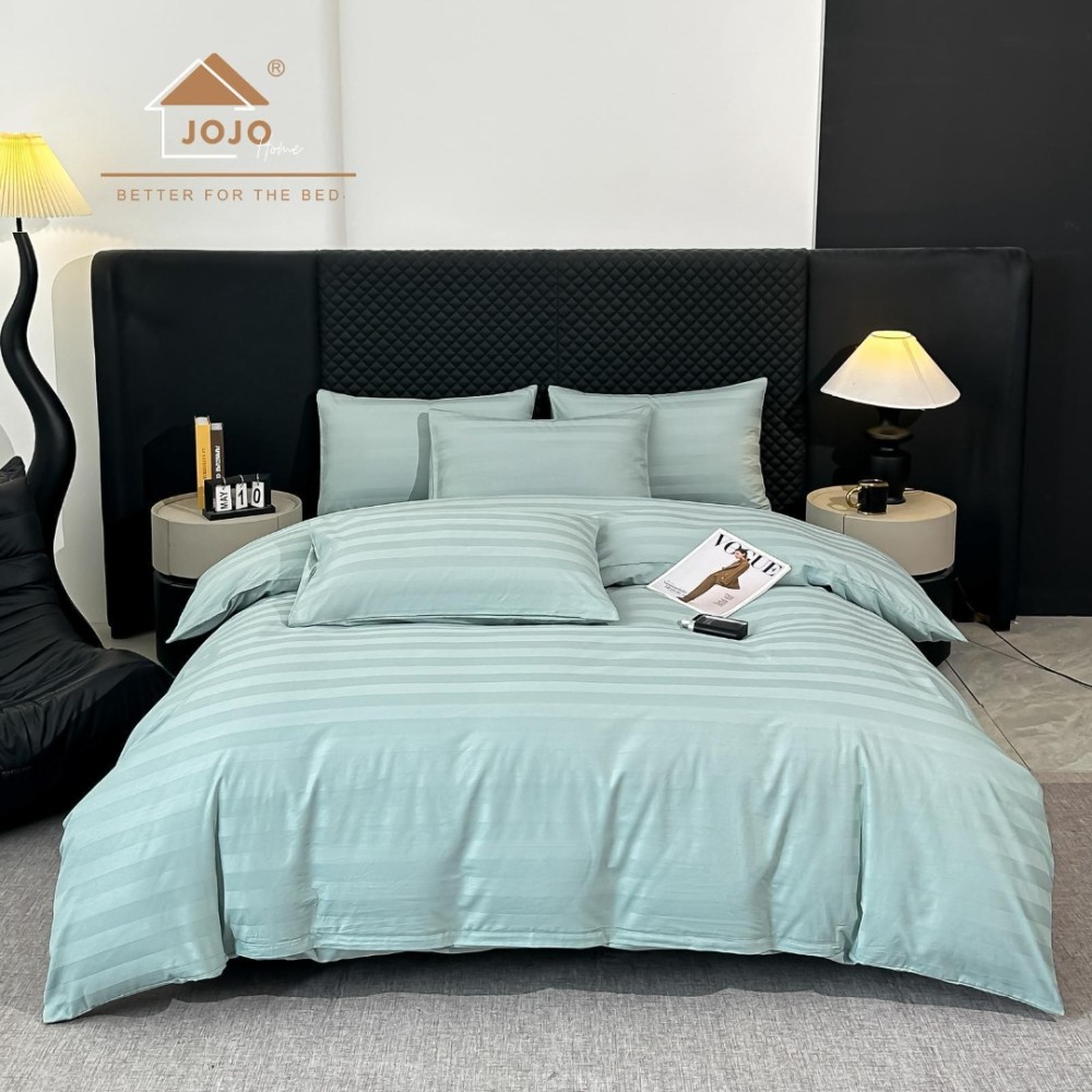 Lenjerie de Pat HoReCa DeLuxe, Damasc Premium din Bumbac Egiptean 100% , 6 Piese, Dunga Lata Tesuta, Cearceaf cu Elastic, Aqua - view 5