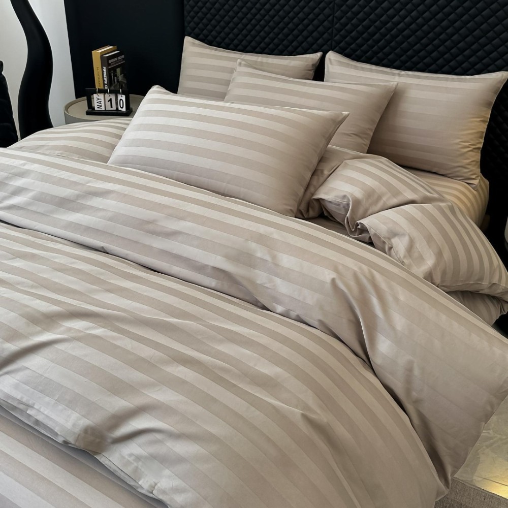Lenjerie de Pat HoReCa DeLuxe, Damasc Premium din Bumbac Egiptean 100% , 6 Piese, Dunga Lata Tesuta, Cearceaf cu Elastic, Bej - view 2