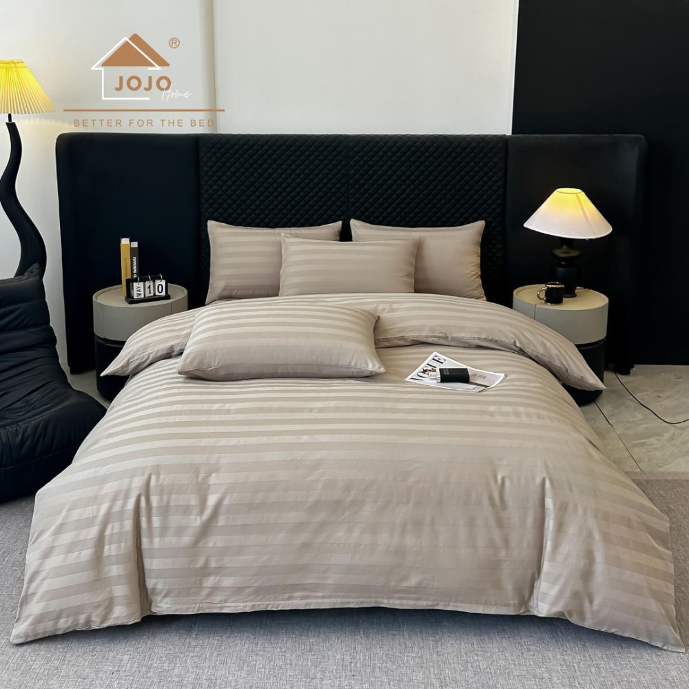 Lenjerie de Pat HoReCa DeLuxe, Damasc Premium din Bumbac Egiptean 100% , 6 Piese, Dunga Lata Tesuta, Cearceaf cu Elastic, Bej - view 4