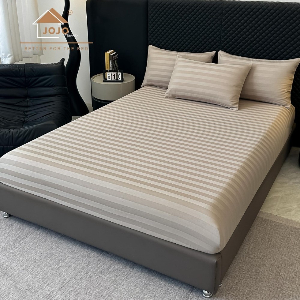 Lenjerie de Pat HoReCa DeLuxe, Damasc Premium din Bumbac Egiptean 100% , 6 Piese, Dunga Lata Tesuta, Cearceaf cu Elastic, Bej - view 5