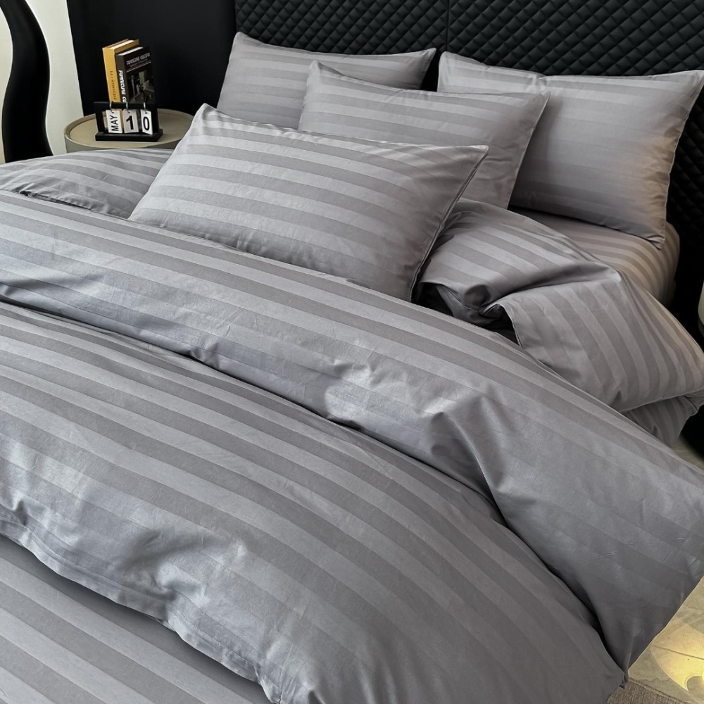 Lenjerie de Pat HoReCa DeLuxe, Damasc Premium din Bumbac Egiptean 100% , 6 Piese, Dunga Lata Tesuta, Cearceaf cu Elastic, Gri Mediu - view 2