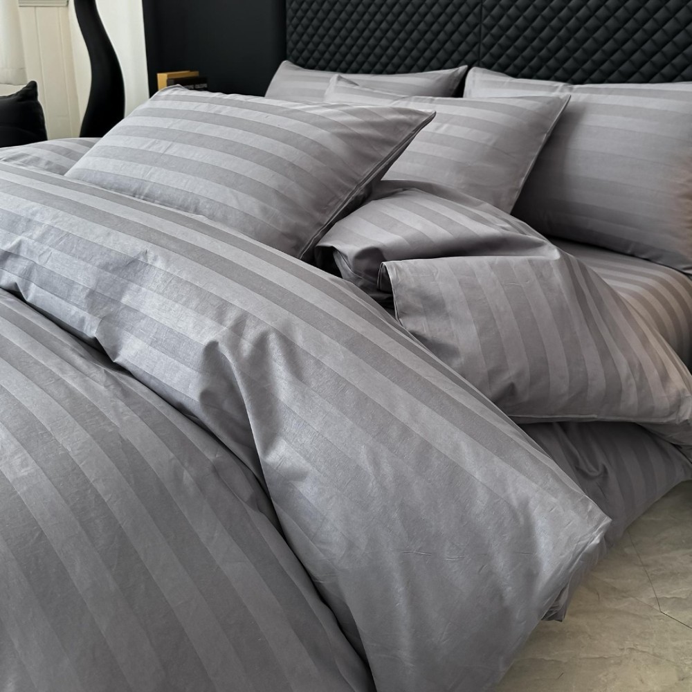 Lenjerie de Pat HoReCa DeLuxe, Damasc Premium din Bumbac Egiptean 100% , 6 Piese, Dunga Lata Tesuta, Cearceaf cu Elastic, Gri Mediu - view 3