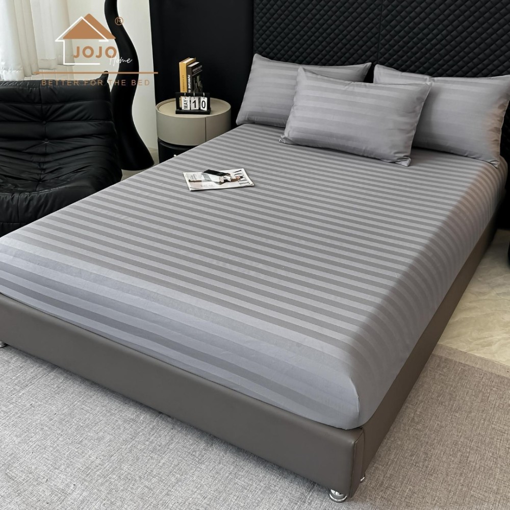 Lenjerie de Pat HoReCa DeLuxe, Damasc Premium din Bumbac Egiptean 100% , 6 Piese, Dunga Lata Tesuta, Cearceaf cu Elastic, Gri Mediu - view 4