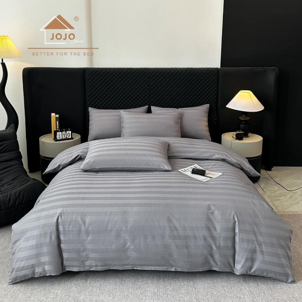 Lenjerie de Pat HoReCa DeLuxe, Damasc Premium din Bumbac Egiptean 100% , 6 Piese, Dunga Lata Tesuta, Cearceaf cu Elastic, Gri Mediu - view 5