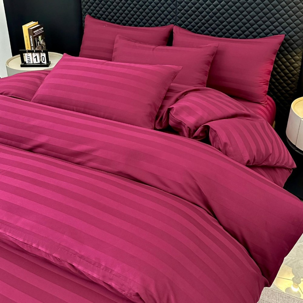 Lenjerie de Pat HoReCa DeLuxe, Damasc Premium din Bumbac Egiptean 100% , 6 Piese, Dunga Lata Tesuta, Cearceaf cu Elastic, Grena - view 2