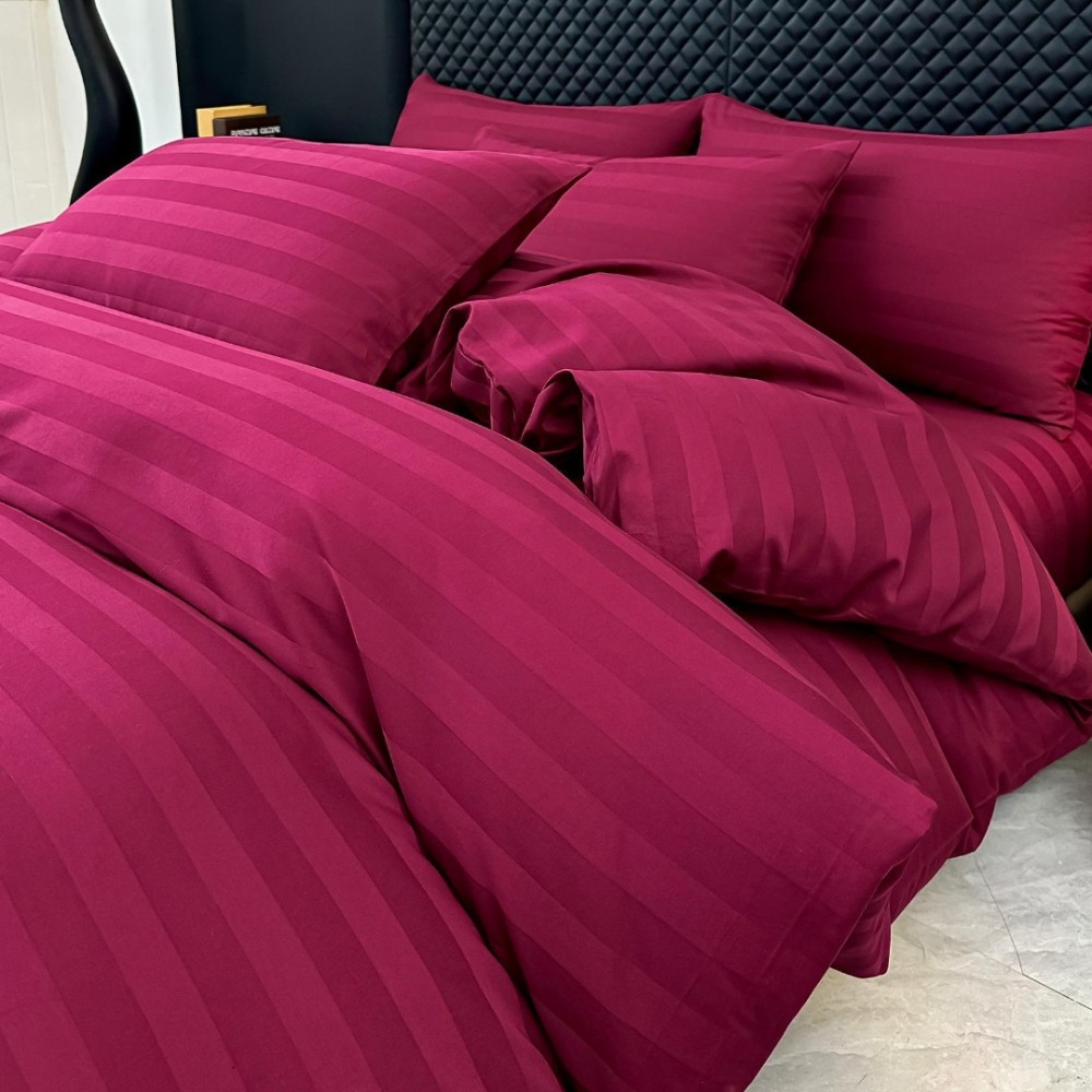 Lenjerie de Pat HoReCa DeLuxe, Damasc Premium din Bumbac Egiptean 100% , 6 Piese, Dunga Lata Tesuta, Cearceaf cu Elastic, Grena - view 3