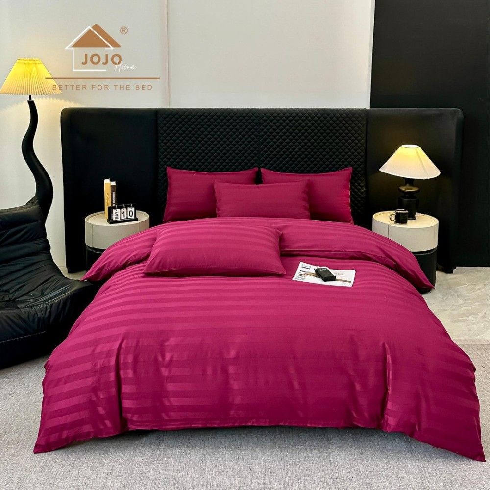 Lenjerie de Pat HoReCa DeLuxe, Damasc Premium din Bumbac Egiptean 100% , 6 Piese, Dunga Lata Tesuta, Cearceaf cu Elastic, Grena - view 4