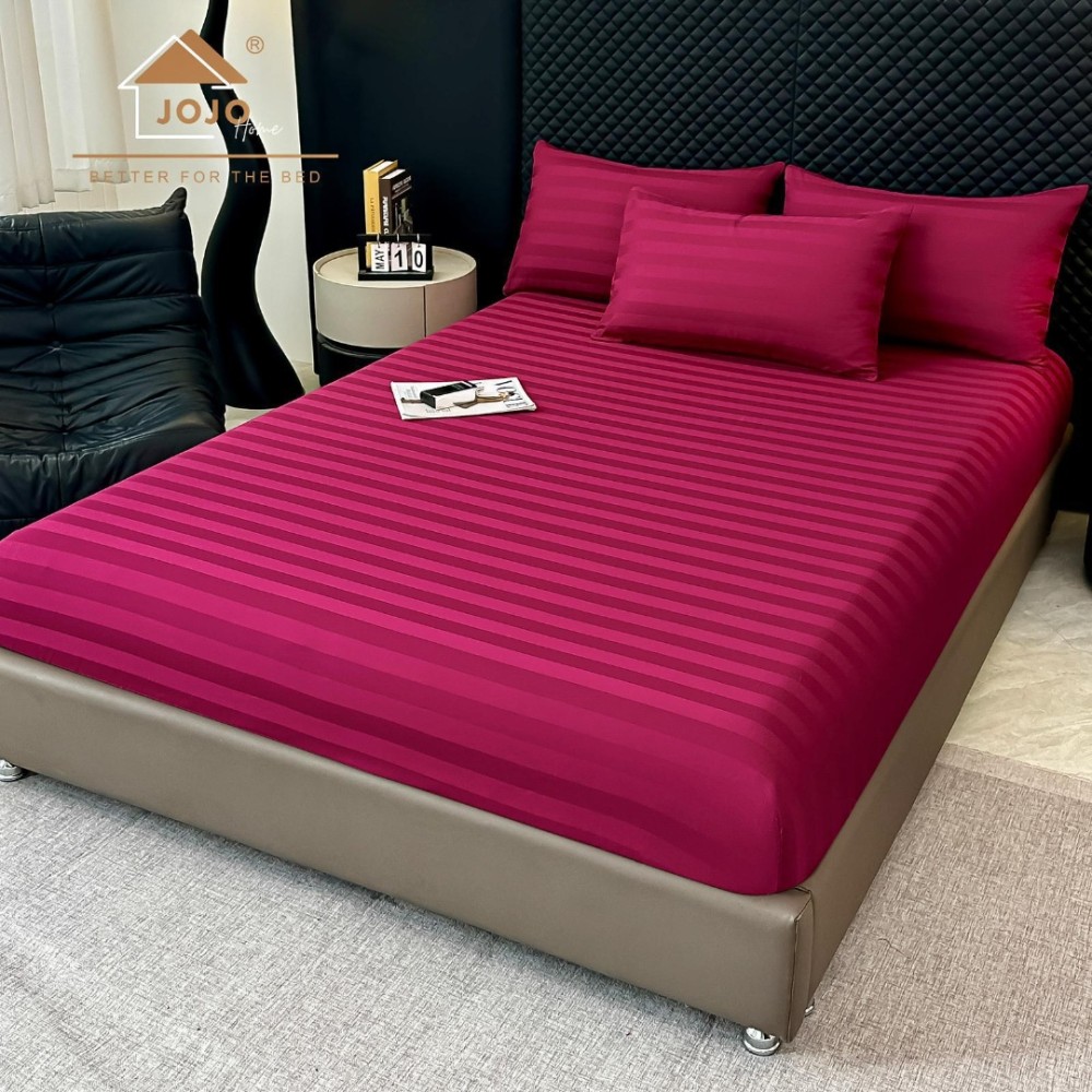 Lenjerie de Pat HoReCa DeLuxe, Damasc Premium din Bumbac Egiptean 100% , 6 Piese, Dunga Lata Tesuta, Cearceaf cu Elastic, Grena - view 5