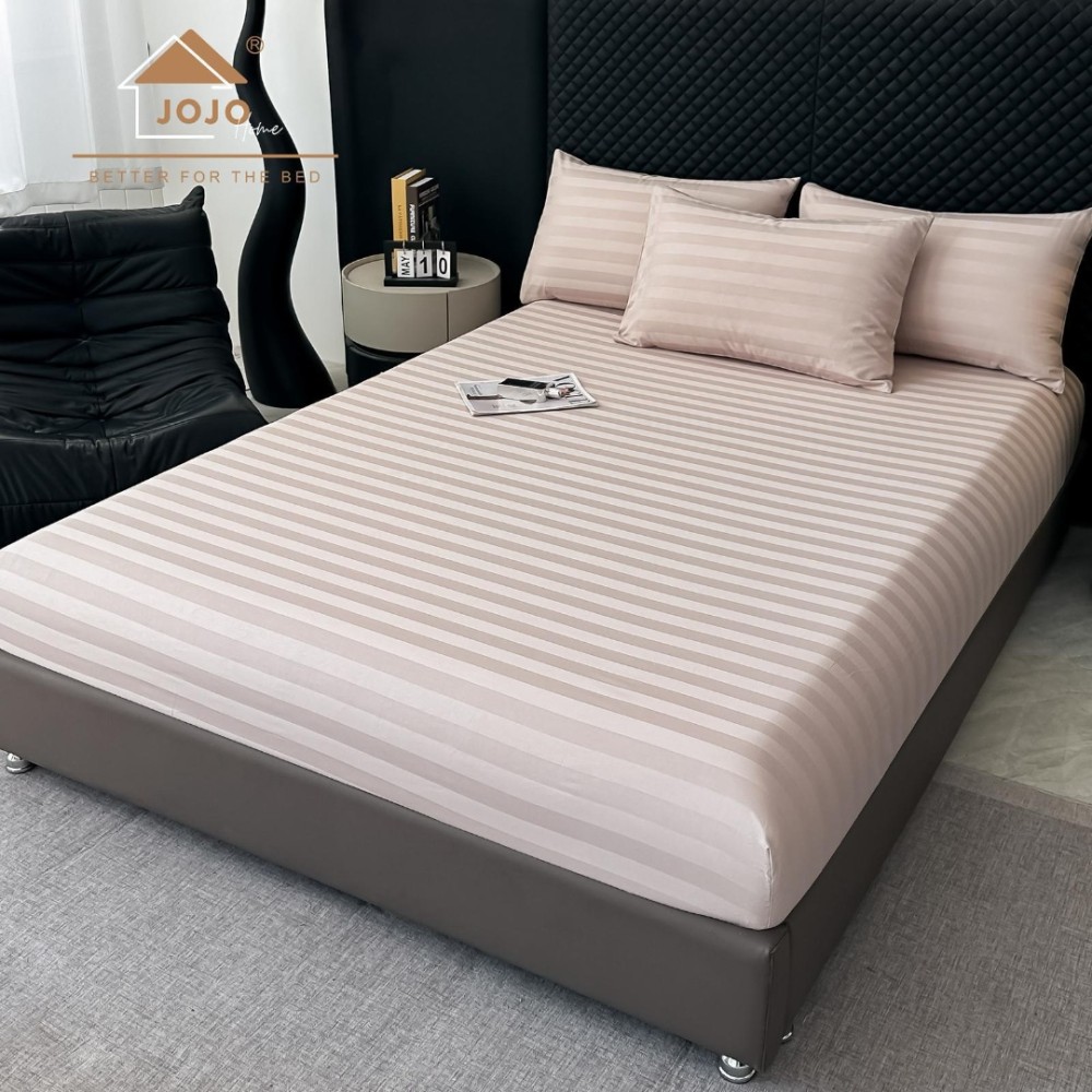 Lenjerie de Pat HoReCa DeLuxe, Damasc Premium din Bumbac Egiptean 100% , 6 Piese, Dunga Lata Tesuta, Cearceaf cu Elastic, Roz Prafuit Pal - view 4