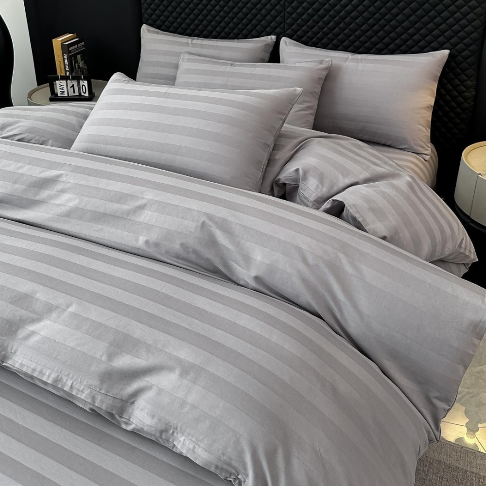 Lenjerie de Pat HoReCa DeLuxe, Damasc Premium din Bumbac Egiptean 100% , 6 Piese, Dunga Lata Tesuta, Cearceaf cu Elastic, Gri Deschis - view 2
