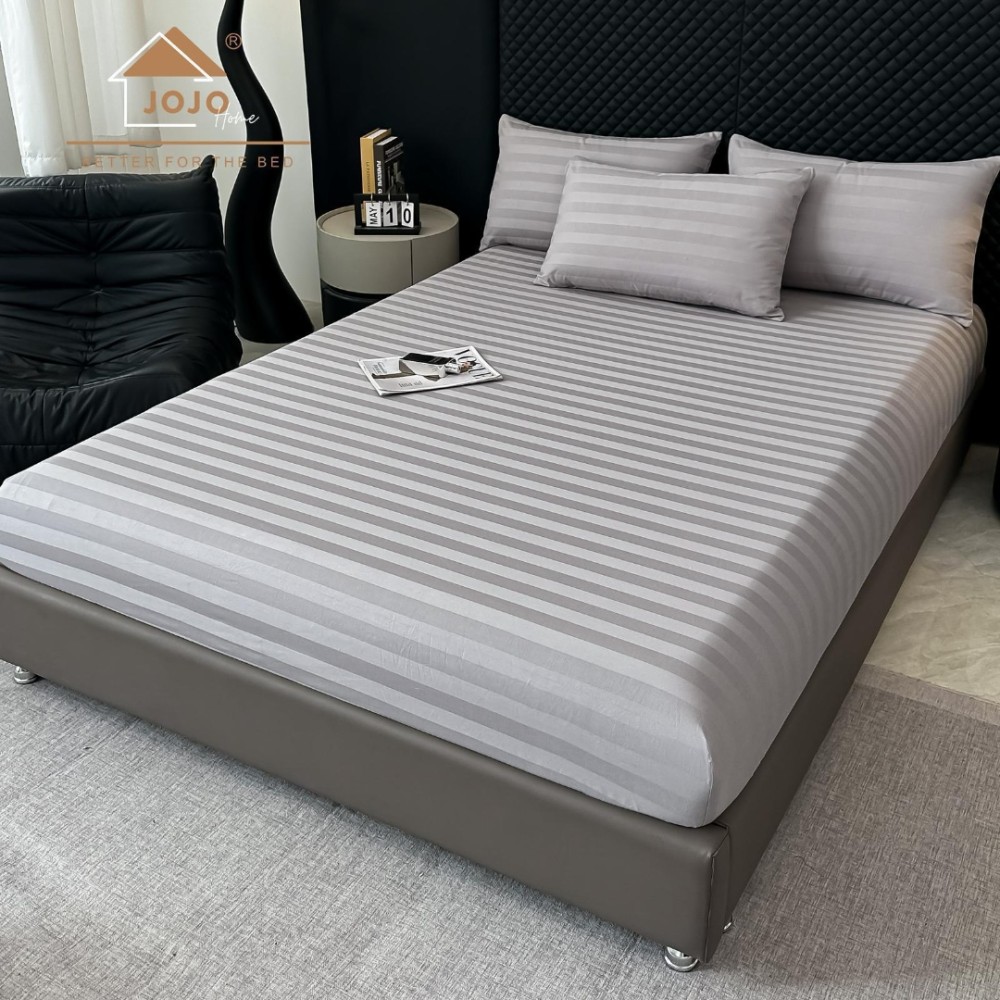 Lenjerie de Pat HoReCa DeLuxe, Damasc Premium din Bumbac Egiptean 100% , 6 Piese, Dunga Lata Tesuta, Cearceaf cu Elastic, Gri Deschis - view 4