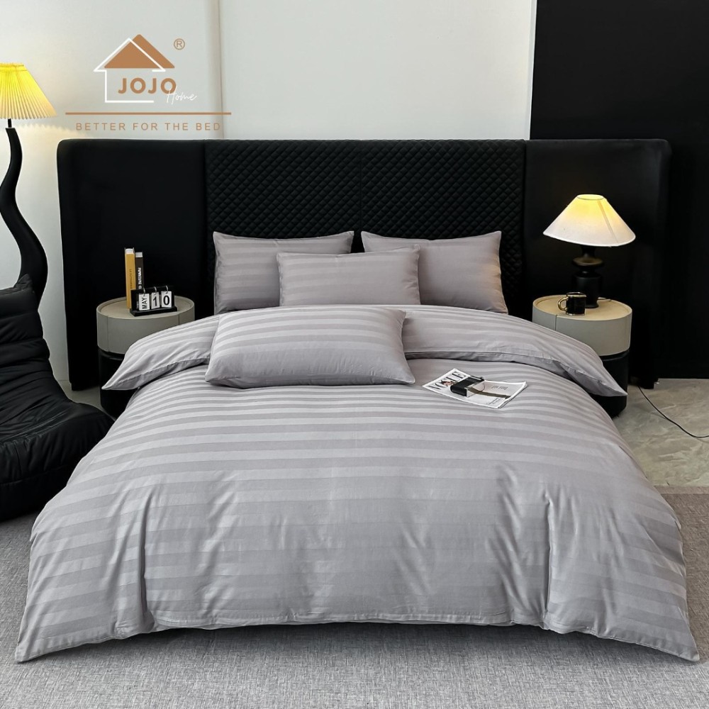 Lenjerie de Pat HoReCa DeLuxe, Damasc Premium din Bumbac Egiptean 100% , 6 Piese, Dunga Lata Tesuta, Cearceaf cu Elastic, Gri Deschis - view 5