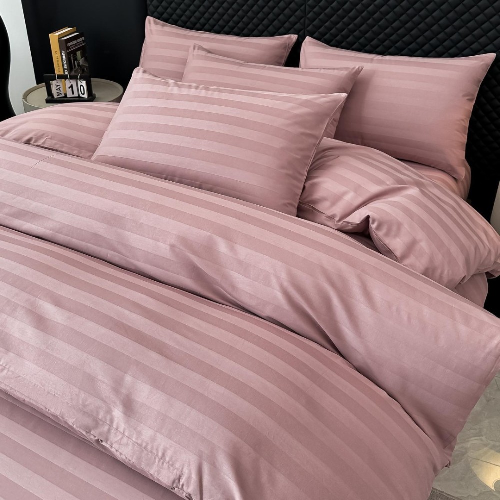 Lenjerie de Pat HoReCa DeLuxe, Damasc Premium din Bumbac Egiptean 100% , 6 Piese, Dunga Lata Tesuta, Cearceaf cu Elastic, Roz Prafuit - view 2
