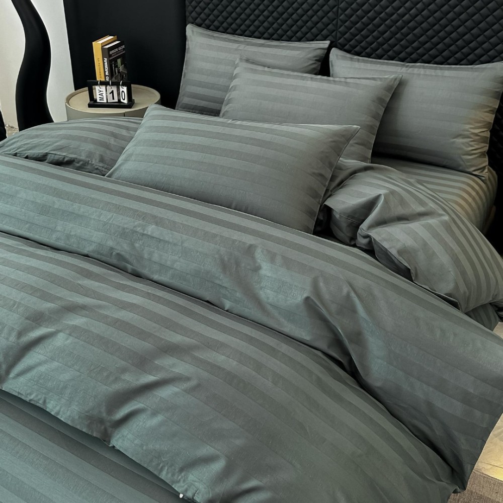 Lenjerie de Pat HoReCa DeLuxe, Damasc Premium din Bumbac Egiptean 100% , 6 Piese, Dunga Lata Tesuta, Cearceaf cu Elastic, Gri Inchis - view 2