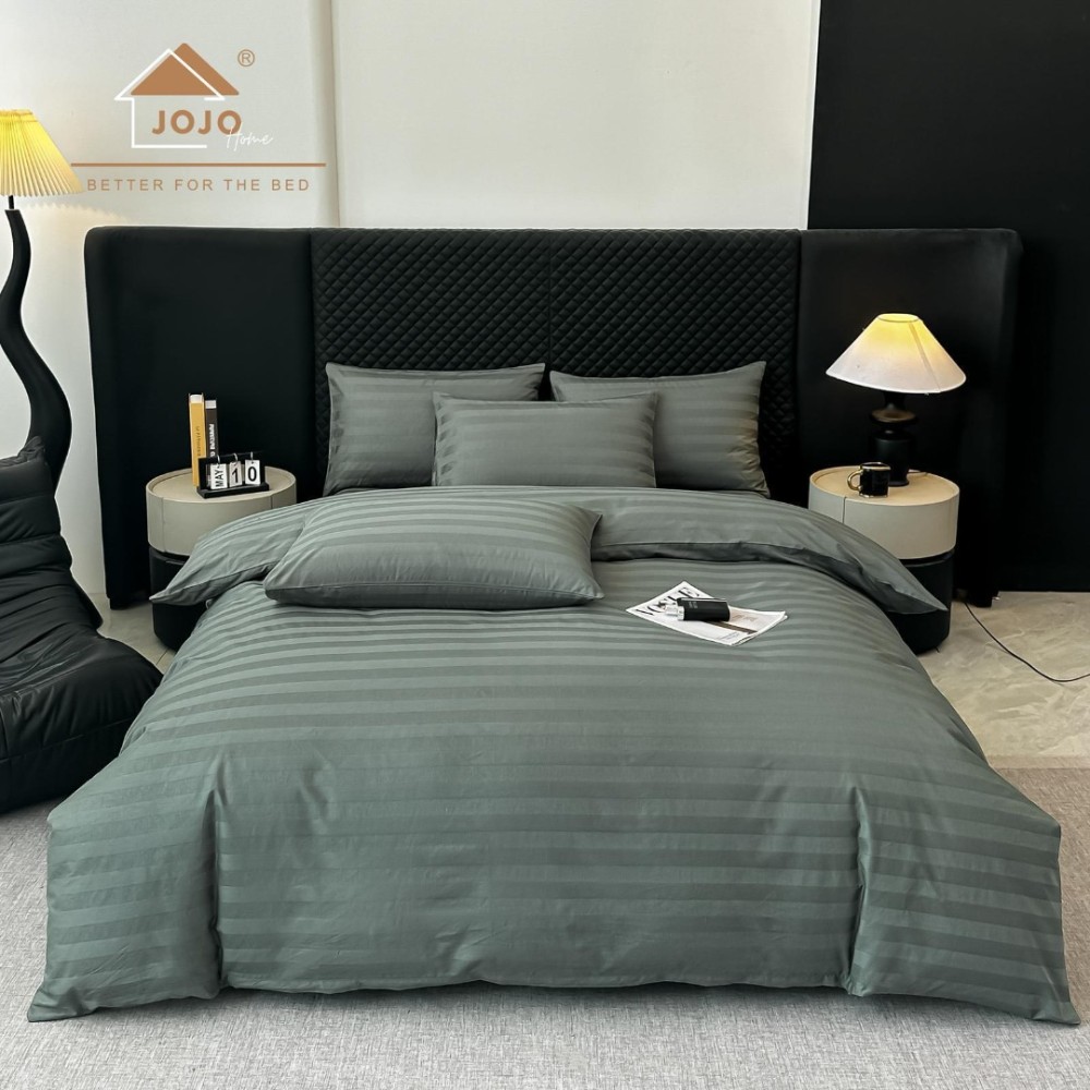 Lenjerie de Pat HoReCa DeLuxe, Damasc Premium din Bumbac Egiptean 100% , 6 Piese, Dunga Lata Tesuta, Cearceaf cu Elastic, Gri Inchis - view 5