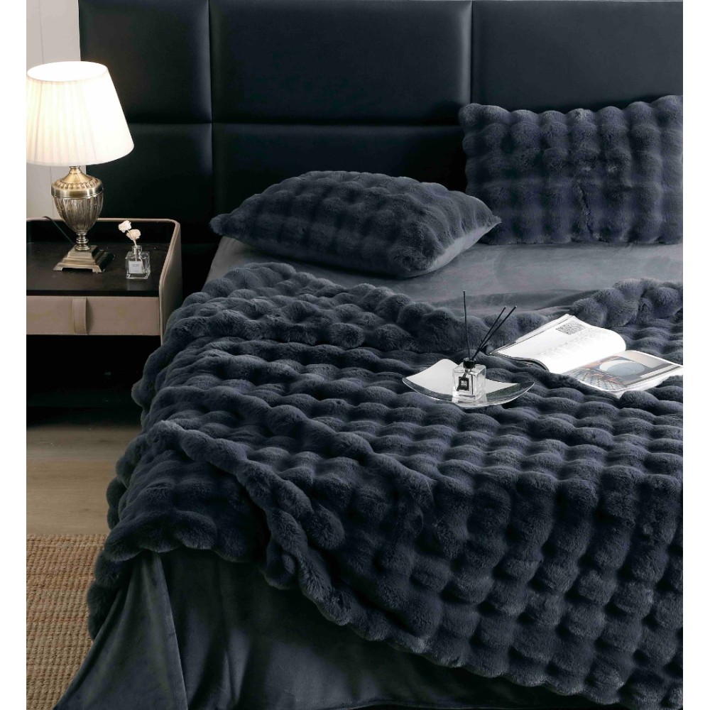 Lenjerie Luxury Pat Dublu, Jojo Home, ExtraPufoasa, din Blanita Artificiala tip Iepure, 6 piese, Antracit - view 10