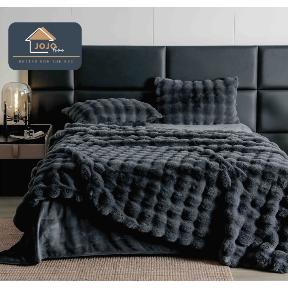 Lenjerie Luxury Pat Dublu, Jojo Home, ExtraPufoasa, din Blanita Artificiala tip Iepure, 6 piese, Antracit - view 11