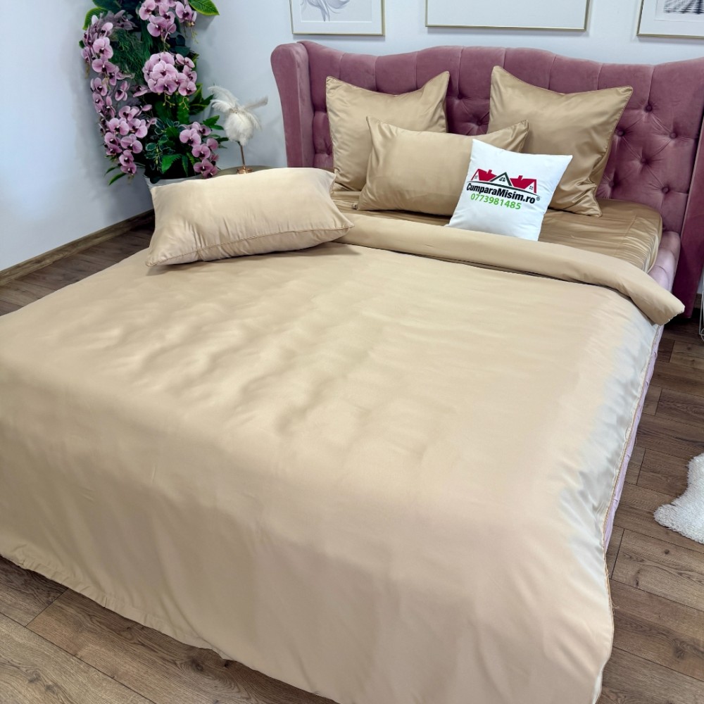 Lenjerie de pat dublu Luxury, tip Matase, 6 piese, bej - view 3