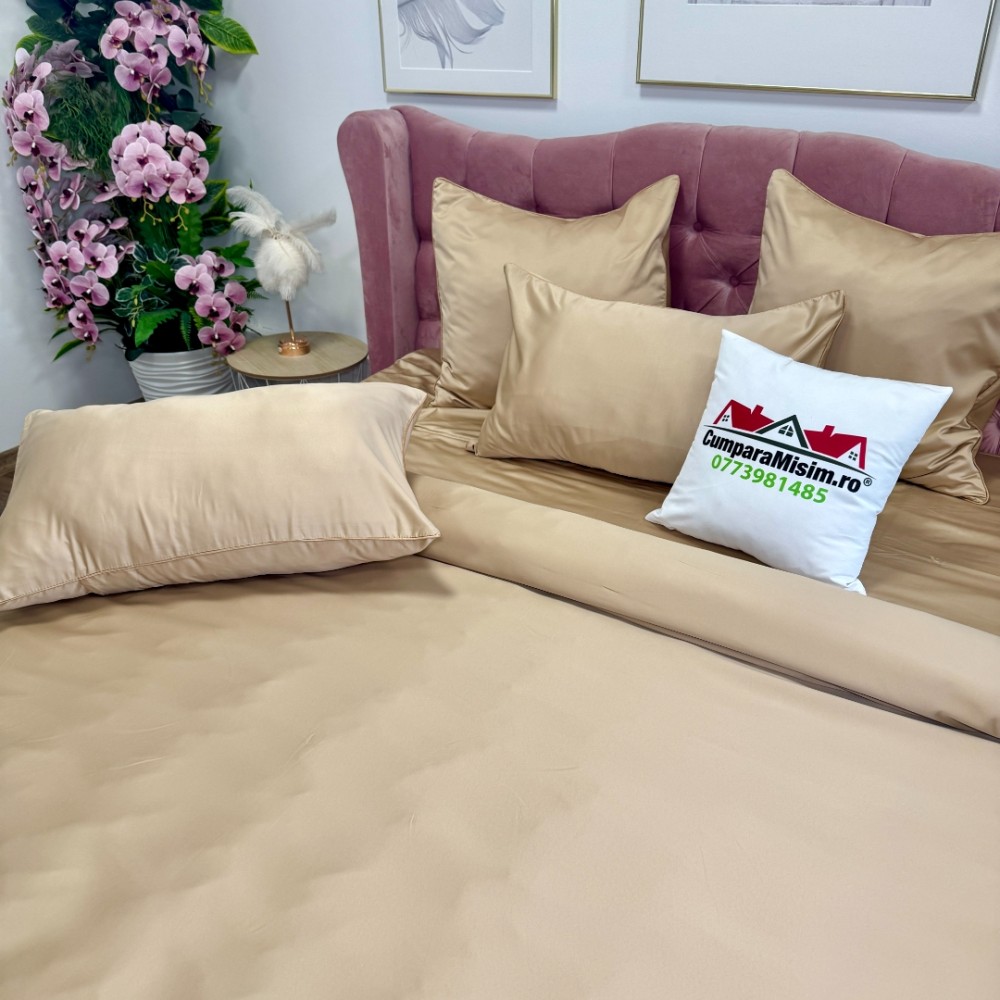 Lenjerie de pat dublu Luxury, tip Matase, 6 piese, bej - view 4