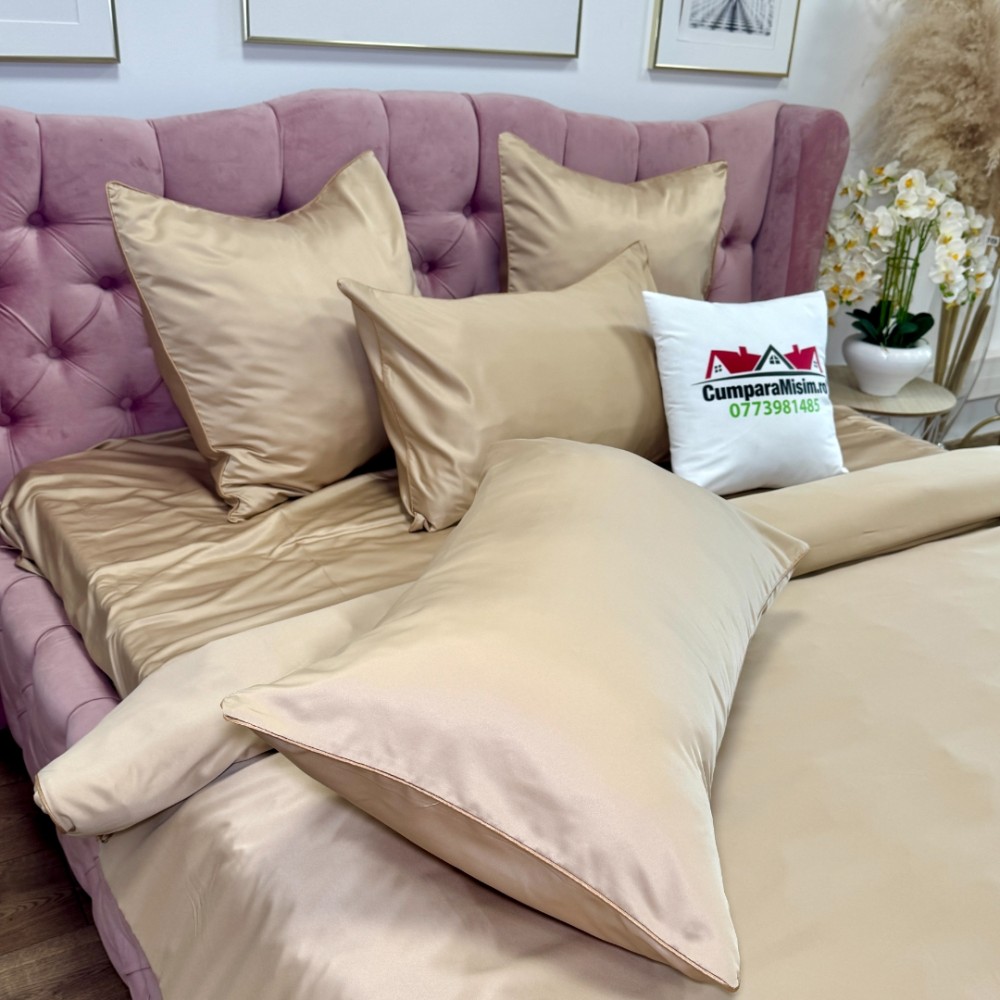 Lenjerie de pat dublu Luxury, tip Matase, 6 piese, bej - view 5