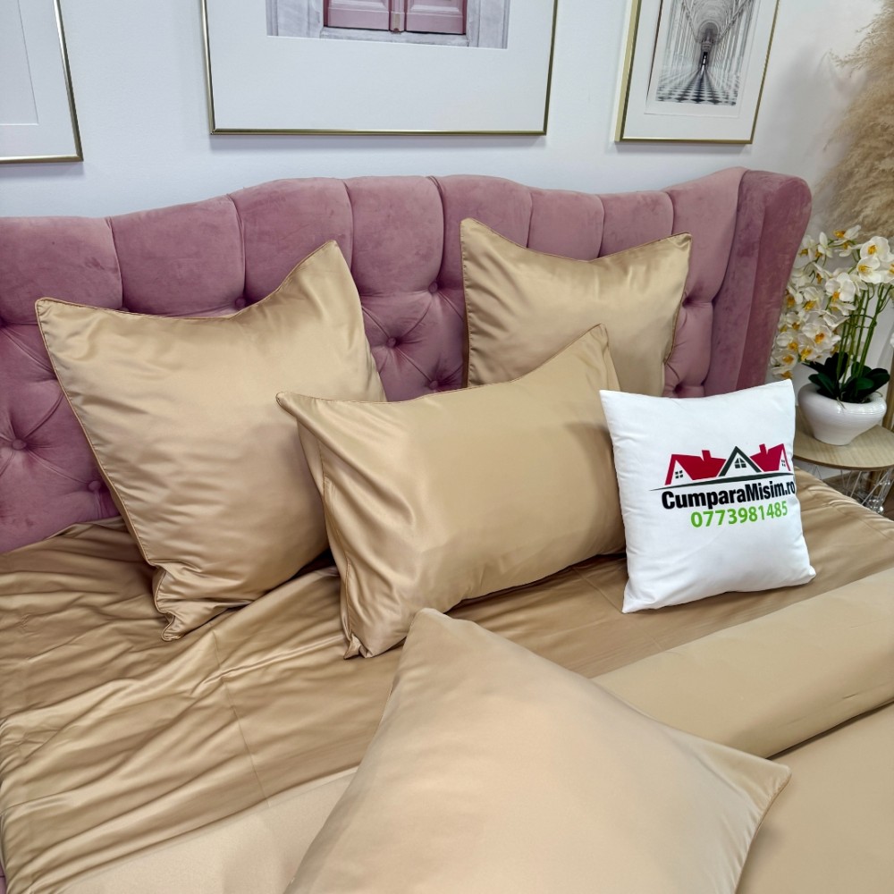 Lenjerie de pat dublu Luxury, tip Matase, 6 piese, bej - view 6