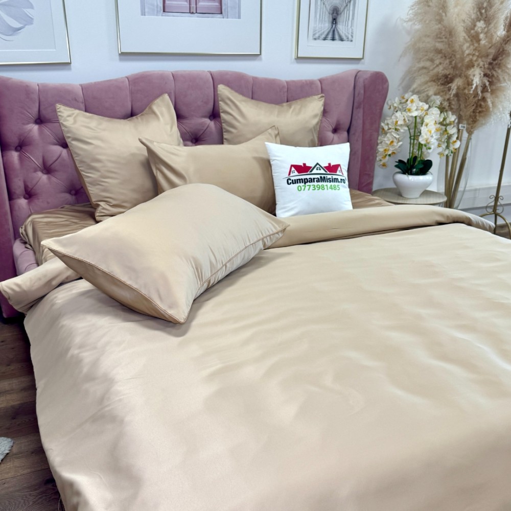 Lenjerie de pat dublu Luxury, tip Matase, 6 piese, bej - view 7