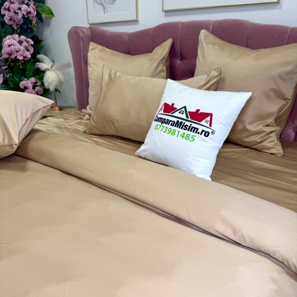 Lenjerie de pat dublu Luxury, tip Matase, 6 piese, bej - view 10