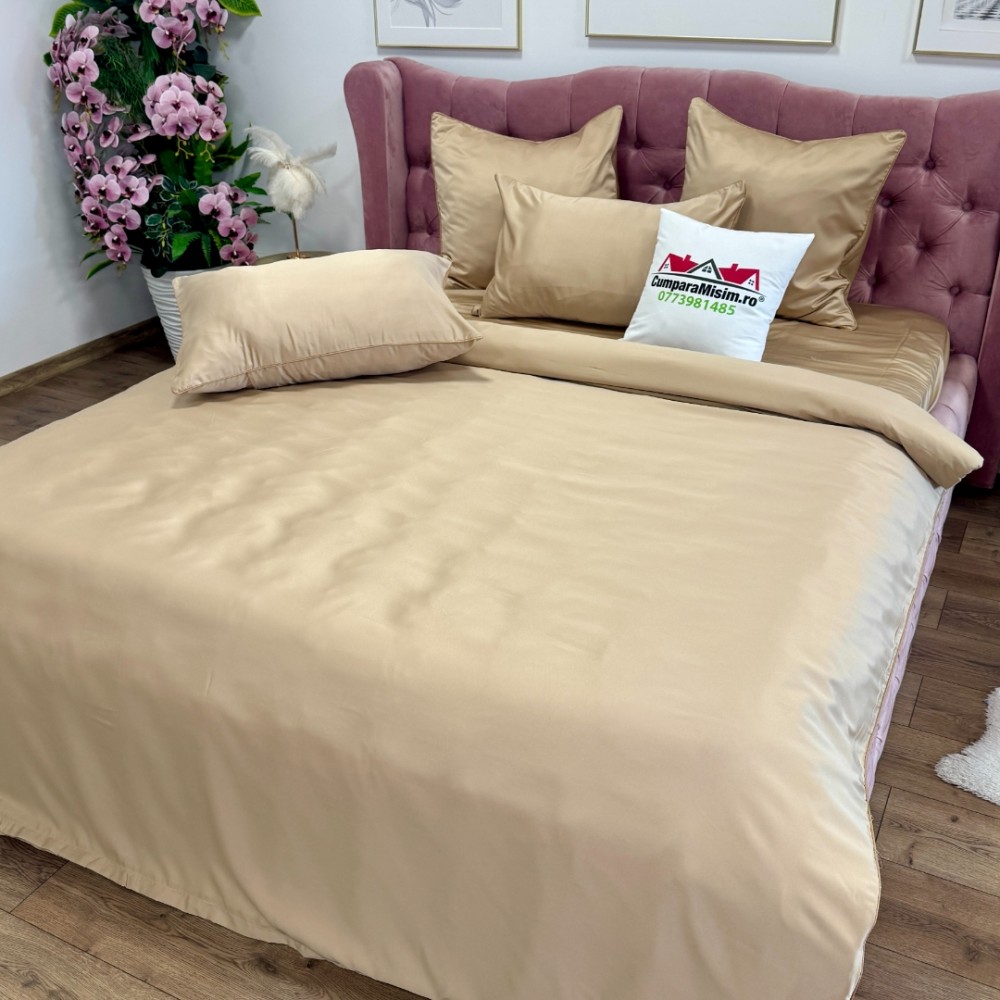 Lenjerie de pat dublu Luxury, tip Matase, 6 piese, bej - view 11