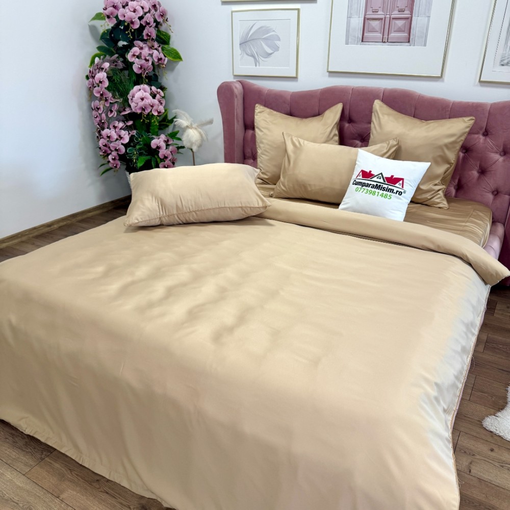 Lenjerie de pat dublu Luxury, tip Matase, 6 piese, bej - view 12