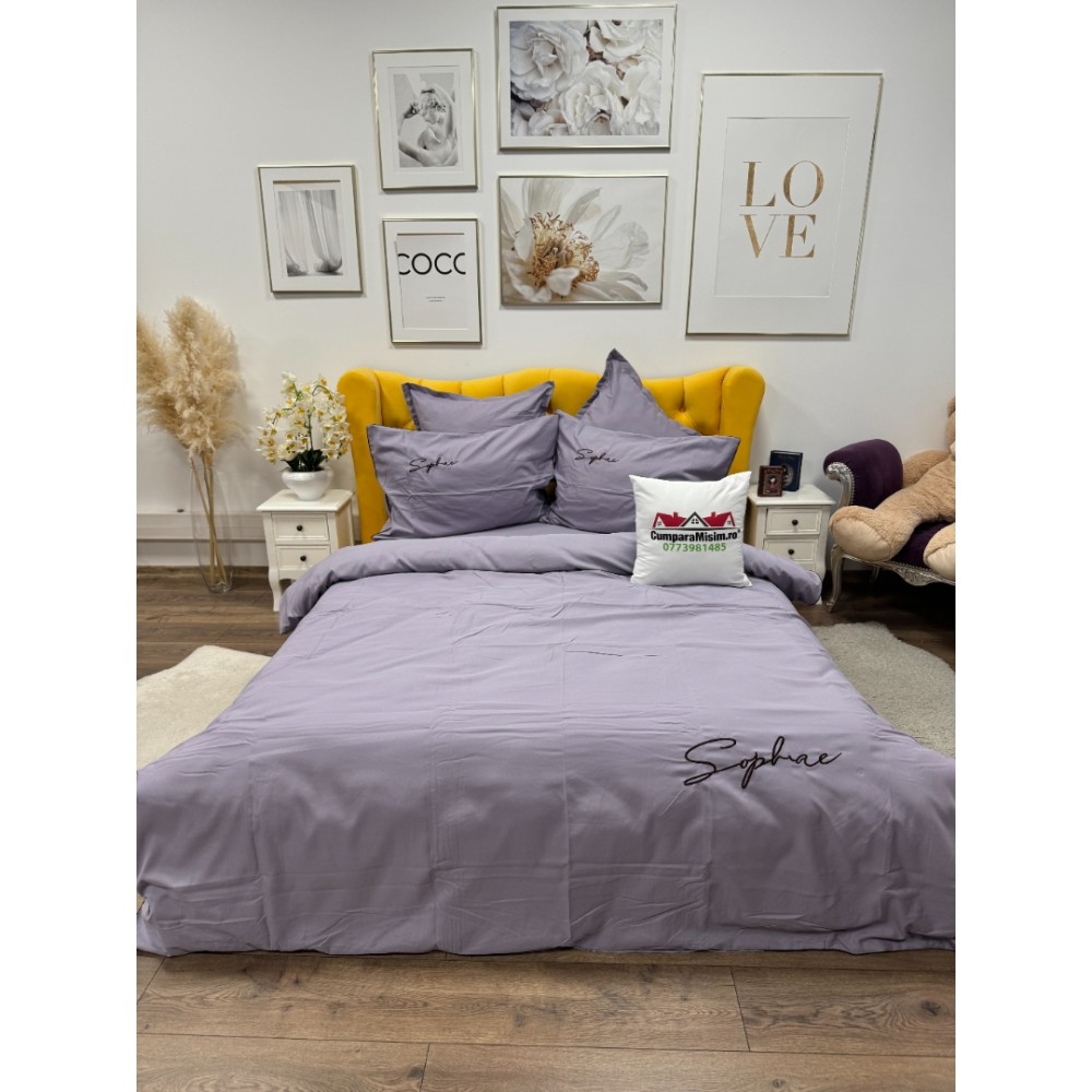 Lenjerie pat dublu, Finet Soft Touch cu Broderie, 6 piese, Lila - 2