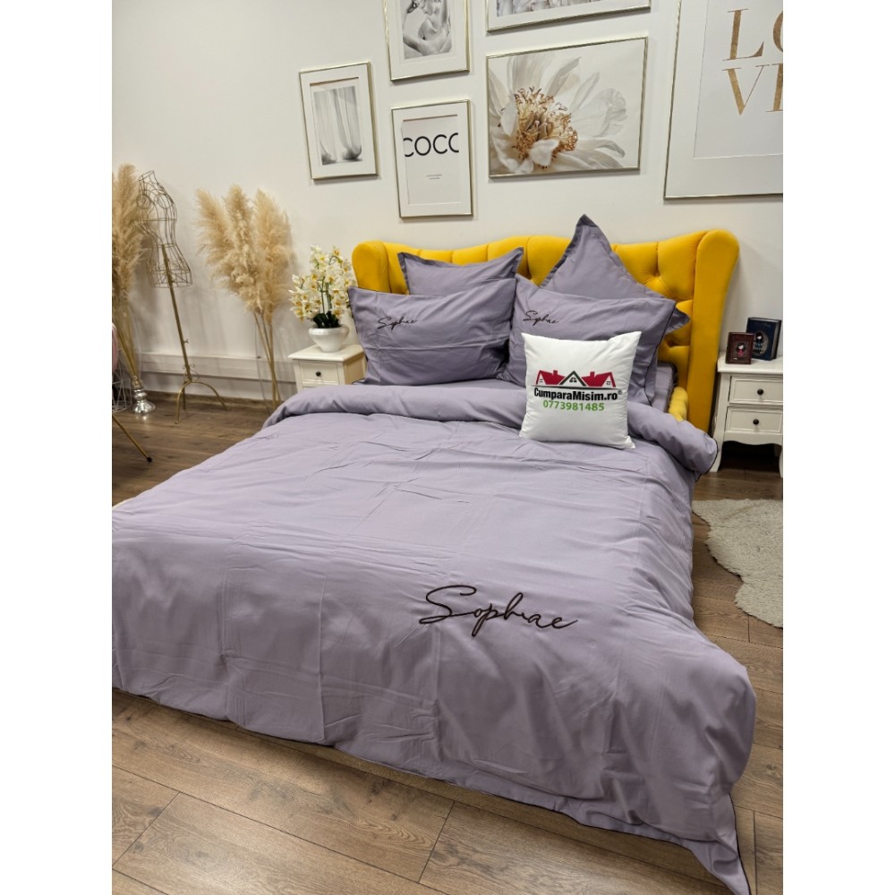 Lenjerie pat dublu, Finet Soft Touch cu Broderie, 6 piese, Lila — imaginea 3