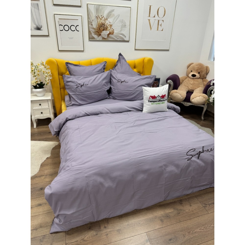 Lenjerie pat dublu, Finet Soft Touch cu Broderie, 6 piese, Lila — imaginea 4