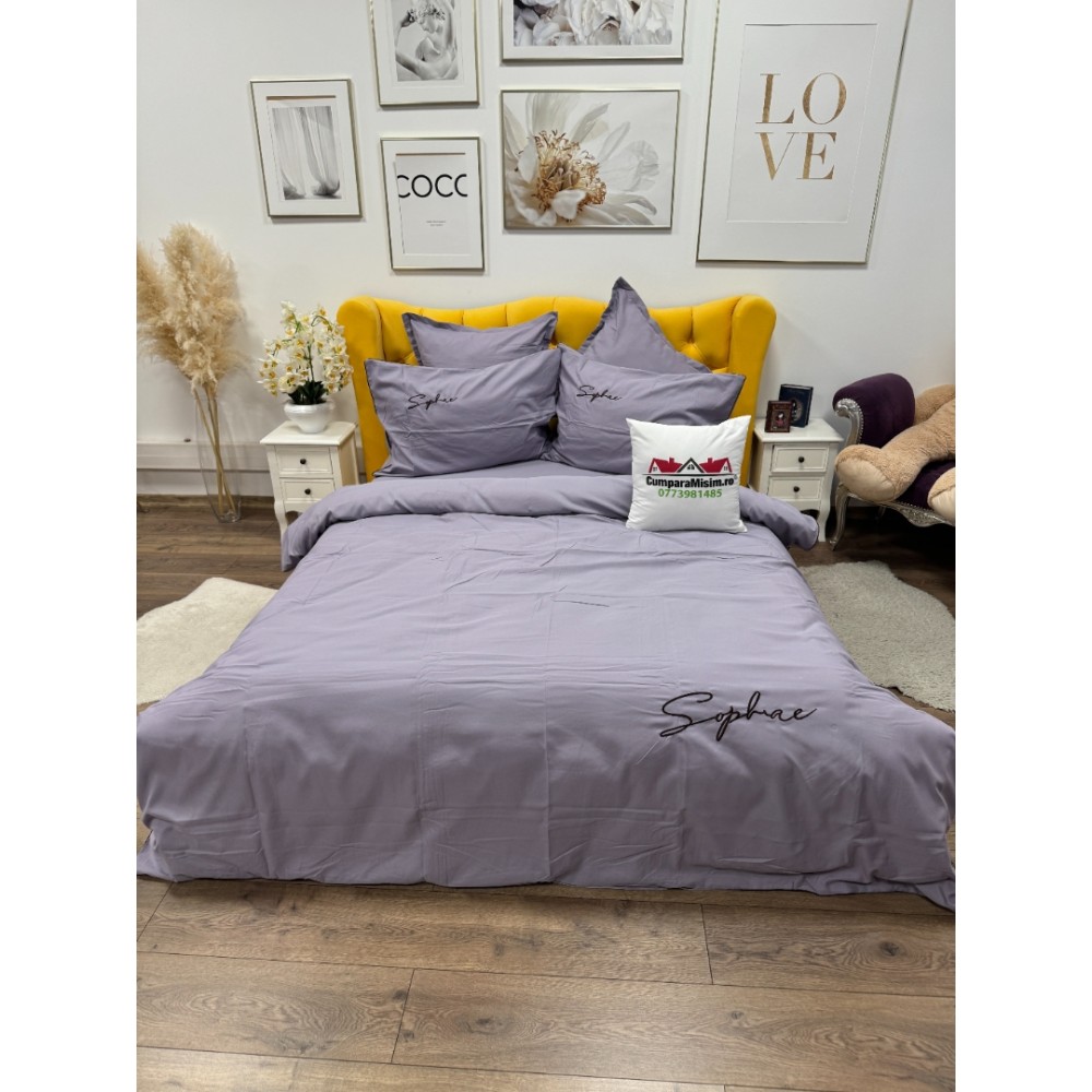 Lenjerie pat dublu, Finet Soft Touch cu Broderie, 6 piese, Lila — imaginea 6