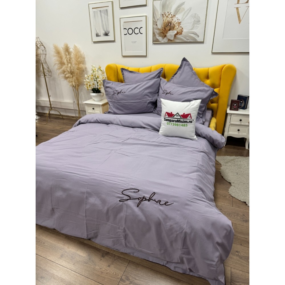 Lenjerie pat dublu, Finet Soft Touch cu Broderie, 6 piese, Lila — imaginea 7