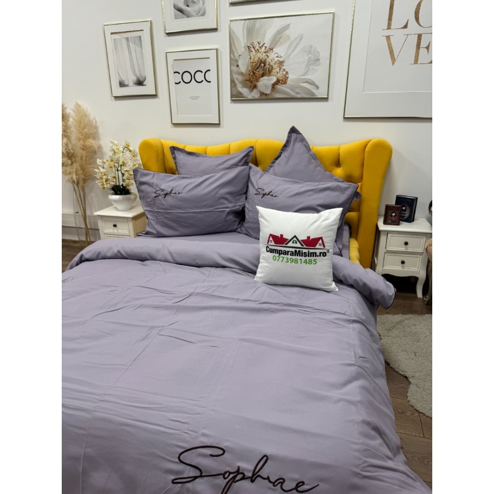 Lenjerie pat dublu, Finet Soft Touch cu Broderie, 6 piese, Lila — imaginea 8