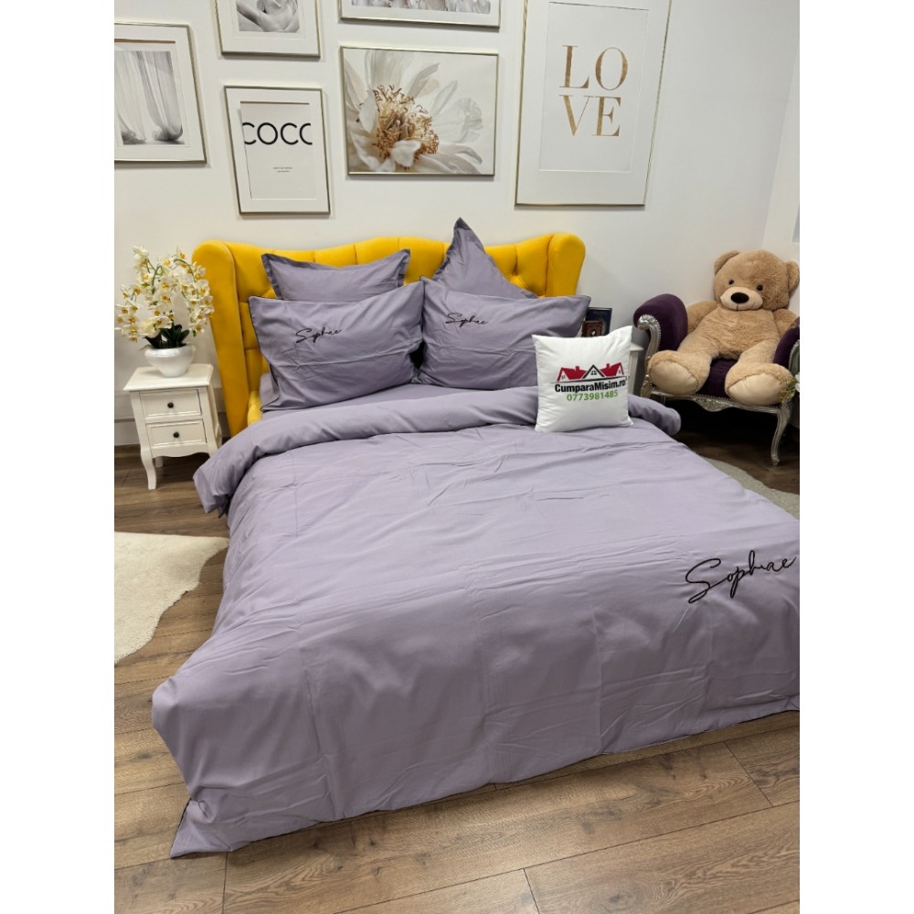 Lenjerie pat dublu, Finet Soft Touch cu Broderie, 6 piese, Lila — imaginea 9