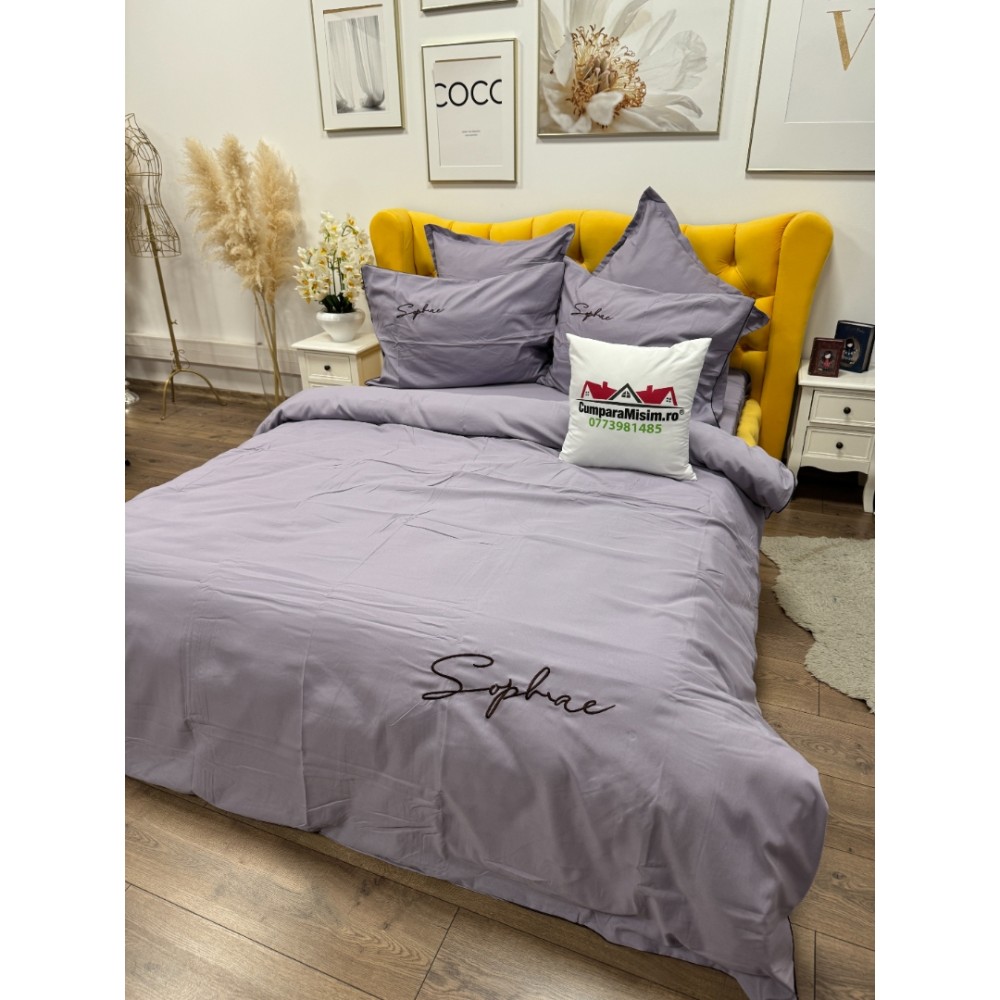 Lenjerie pat dublu, Finet Soft Touch cu Broderie, 6 piese, Lila - 3