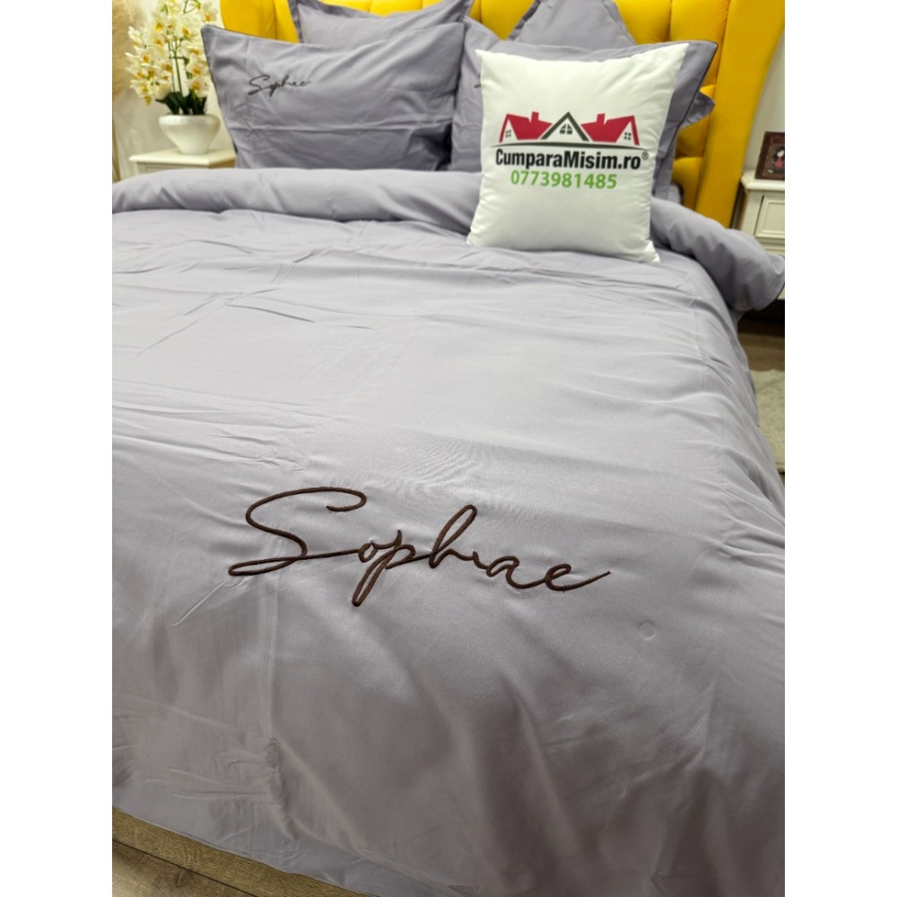 Lenjerie pat dublu, Finet Soft Touch cu Broderie, 6 piese, Lila - 5