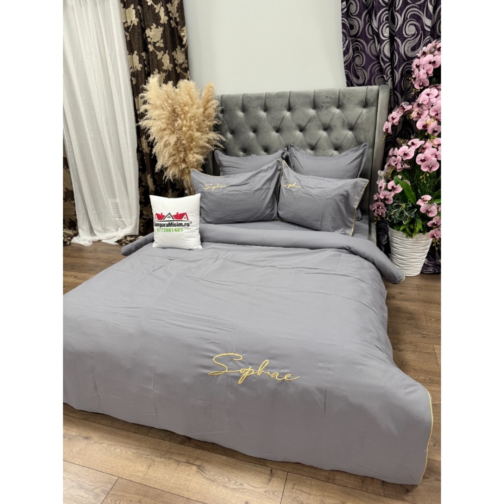 Lenjerie pat dublu, Finet Soft Touch cu Broderie, 6 piese, Gri — imaginea 2