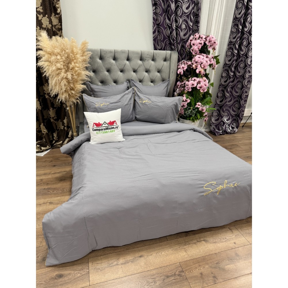 Lenjerie pat dublu, Finet Soft Touch cu Broderie, 6 piese, Gri — imaginea 3