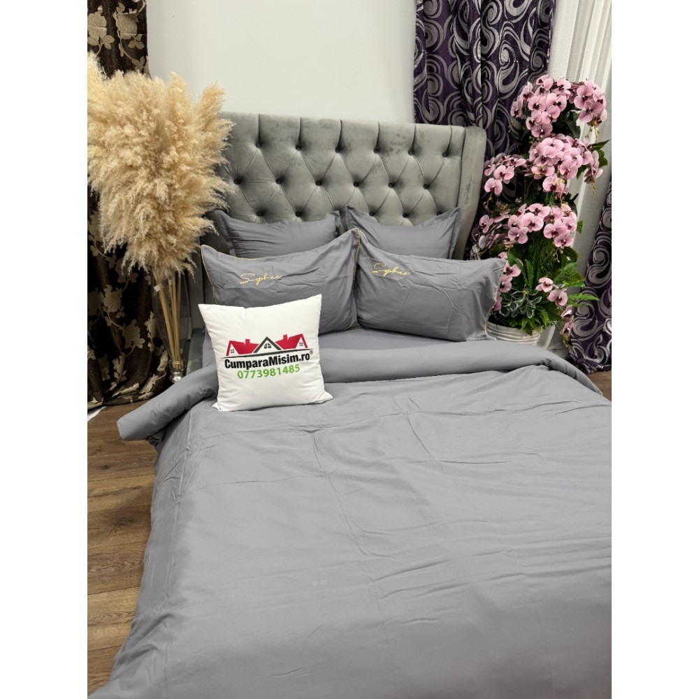 Lenjerie pat dublu, Finet Soft Touch cu Broderie, 6 piese, Gri — imaginea 4
