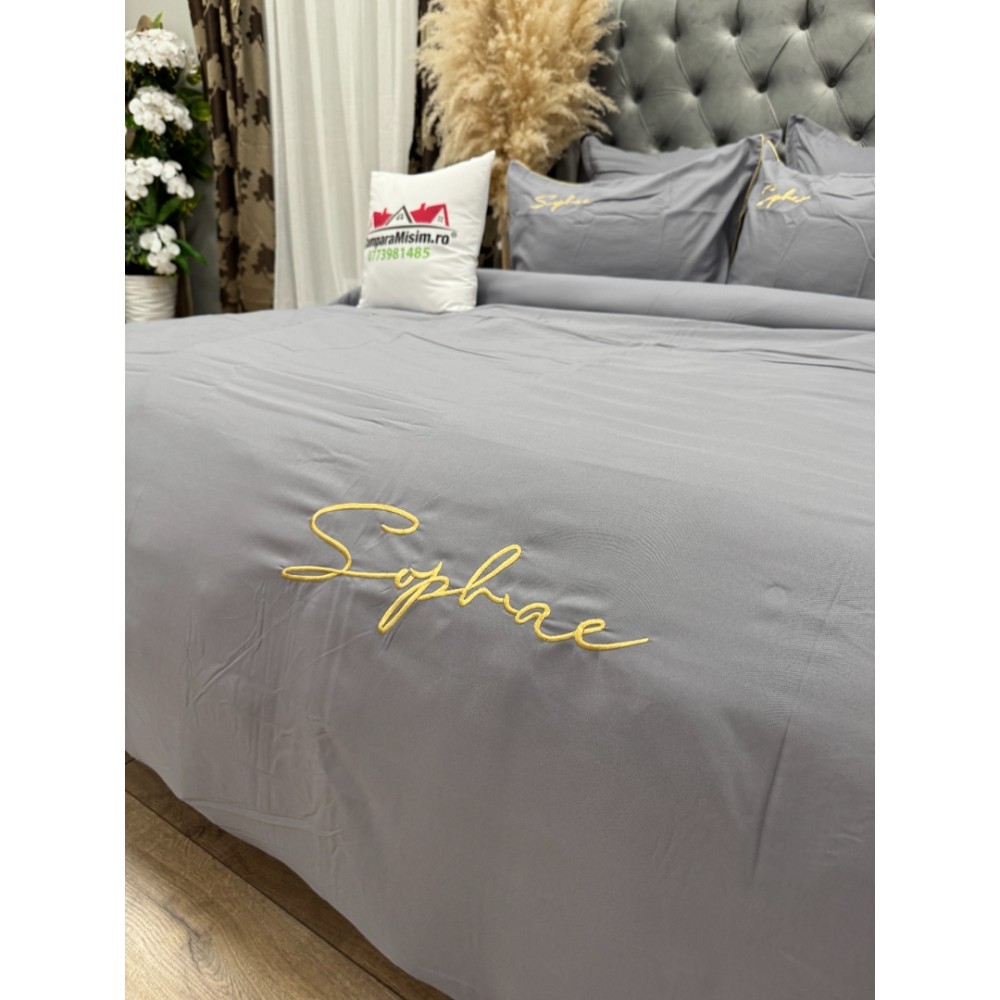 Lenjerie pat dublu, Finet Soft Touch cu Broderie, 6 piese, Gri — imaginea 5