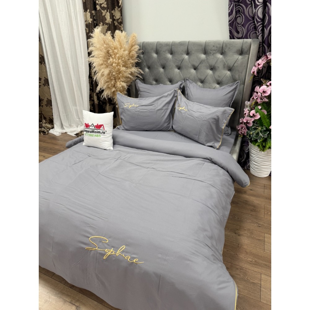 Lenjerie pat dublu, Finet Soft Touch cu Broderie, 6 piese, Gri — imaginea 6