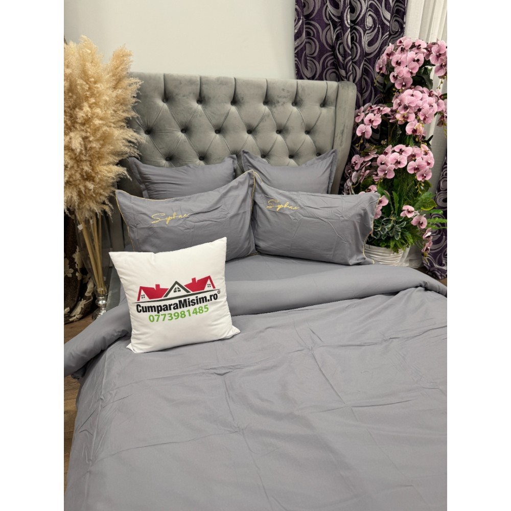 Lenjerie pat dublu, Finet Soft Touch cu Broderie, 6 piese, Gri — imaginea 8