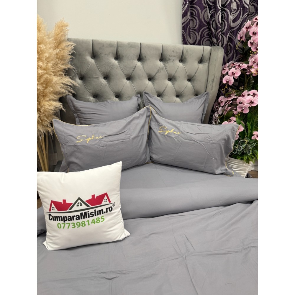 Lenjerie pat dublu, Finet Soft Touch cu Broderie, 6 piese, Gri — imaginea 9